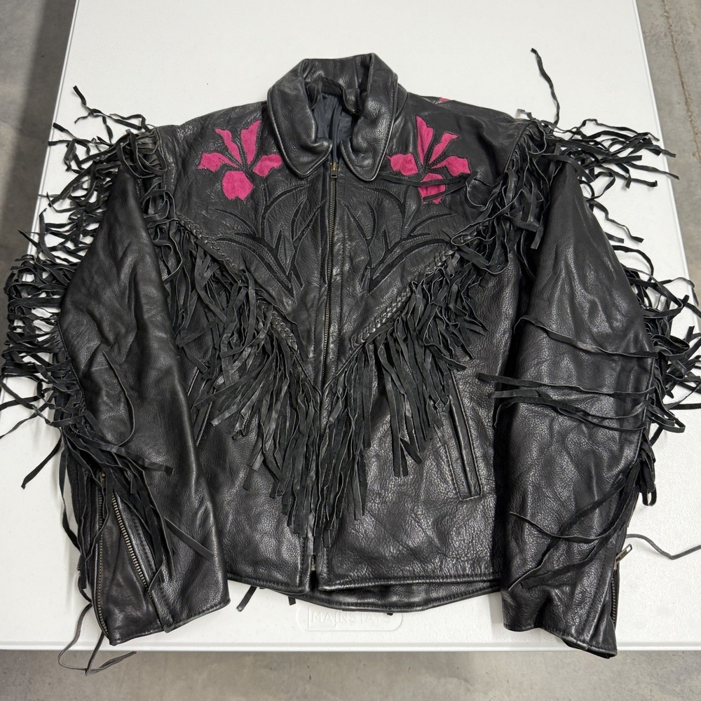 Leather Fringe Jacket Womens L Black Excellent Pink Floral Western Moto